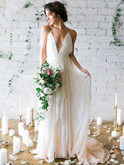 A-line Spaghetti Straps Sleeveless Sweep / Brush Train 100D Chiffon Bridal Gown With Ruffles