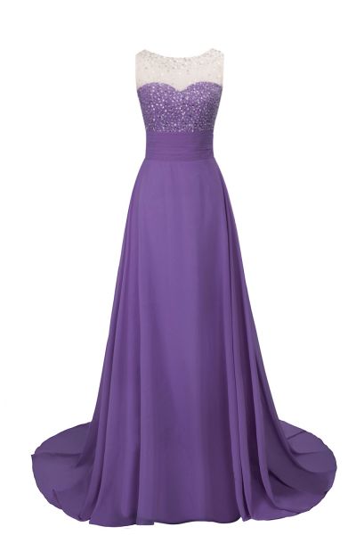 A-line Jewel Neck Sleeveless Court Train 100D Chiffon Evening Dress With Beading