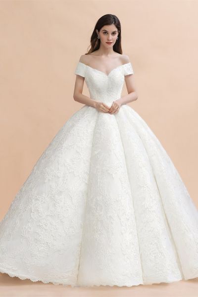 Ball Gown Off-the-shoulder Cap Sleeves Chapel Train Tulle Wedding Gown With Appliques