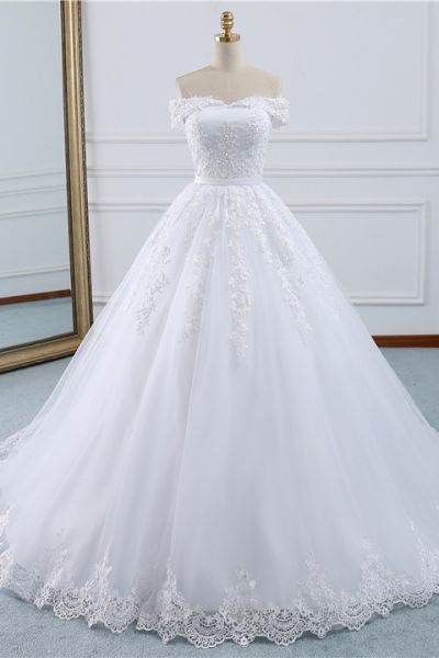 A-line Off-the-shoulder Bateau Neck Floor-length Tulle Wedding Dress With Lace