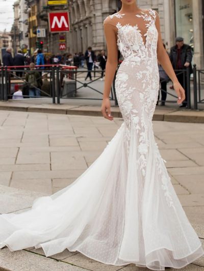 Mermaid Cap Sleeves Sweep / Brush Train Lace Wedding Gown With Lace