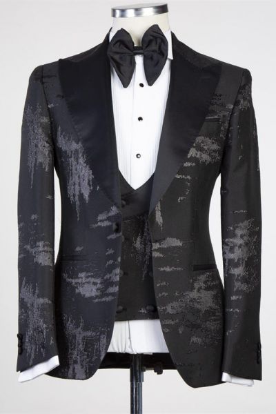 Black Patterns Peaked Lapel Three Pieces Wedding Men Suit