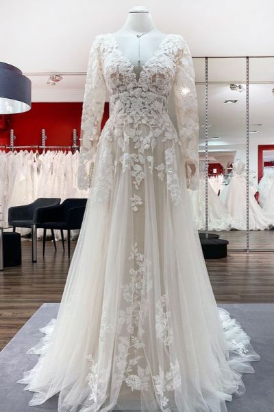 A-line V-neck Long Sleeves Sweep / Brush Train Tulle Bridal Gown With Ruffles