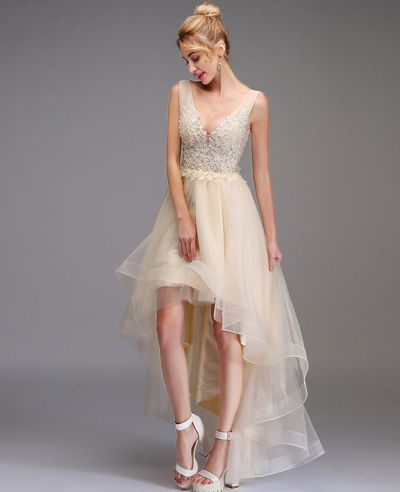 A-line V-neck Sleeveless Hi-Lo Tulle Wedding Guest Dress With Appliques