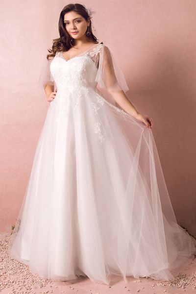 A-line V-neck Half-Sleeves Ankle-length Tulle Bridal Gown With Appliques