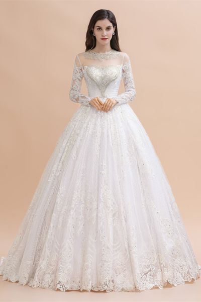 A-line Jewel Neck Long Sleeves Court Train Tulle Wedding Gown With Beading