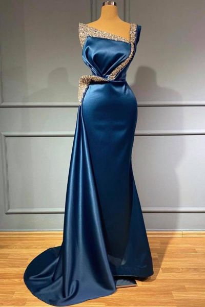Mermaid One Shoulder Sleeveless Floor-length Stretch Satin Evening Gown With Ruffles