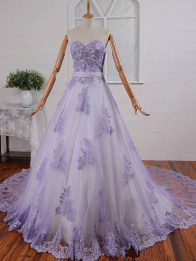 A-line Sweetheart Neck Sleeveless Court Train Bridal Dress With Lace