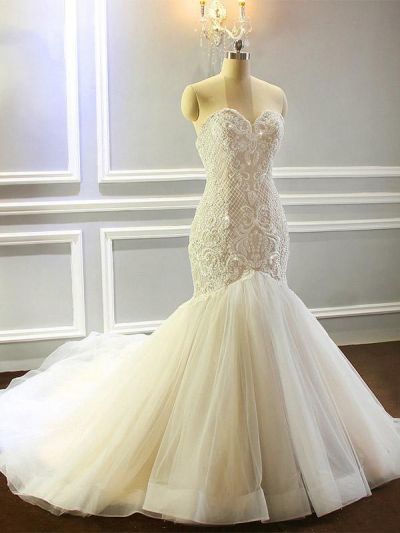 Mermaid Sweetheart Neck Tulle Wedding Dress With Lace
