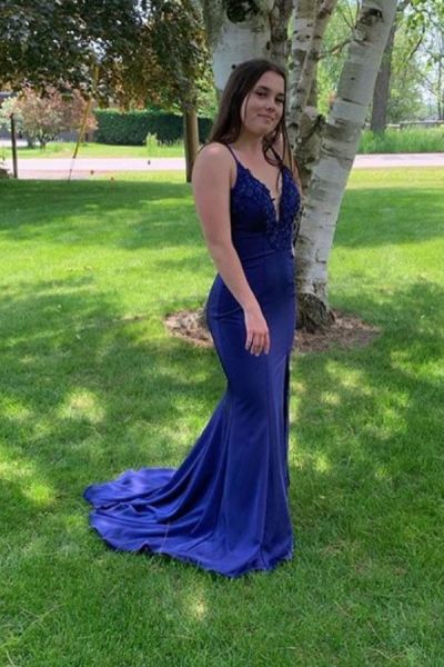 Mermaid Plunging Neckline Sleeveless Floor-length Stretch Satin Evening Dress With Beading