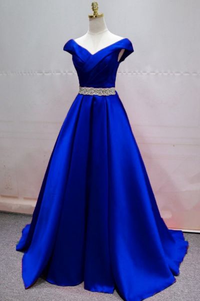 A-line V-neck Sleeveless Floor-length Satin Evening Gown With Crystal