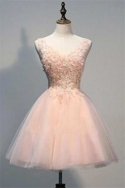 A-line V-neck Sleeveless Mini Tulle Formal Dress With Appliques
