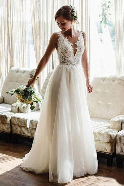 A-line V-neck Sleeveless Cathedral Train Tulle Wedding Gown With Beading