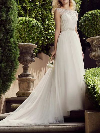 A-line Sleeveless Court Train Tulle Bridal Gown With Buttons