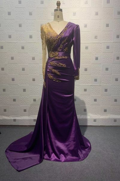 Column V-neck Long Sleeves Court Train Satin Formal Dress With Crystal Floral Pin