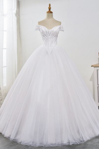 Ball Gown Off-the-shoulder Sweetheart Neck Sleeveless Floor-length Tulle Bridal Dress With Ruffles