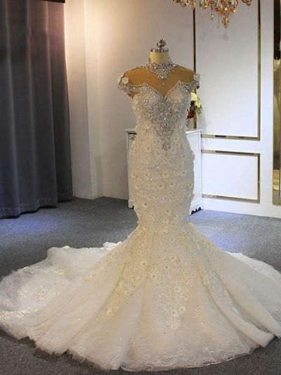 Shiny Crystal High Neck Floral Wedding Dress with Sheer Tulle Sleeveless