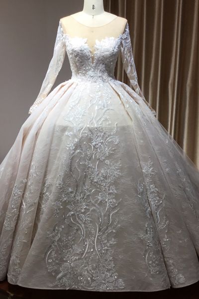 A-line Jewel Neck Long Sleeves Cathedral Train Tulle Wedding Gown With Lace