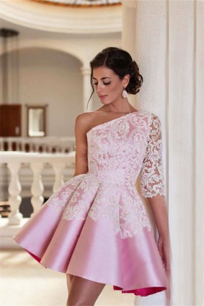 A-line One Shoulder Half-Sleeves Mini Homecoming Dress With Lace