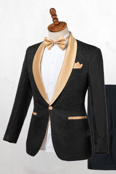 Black One Button Wedding Suit with Gold Lapel