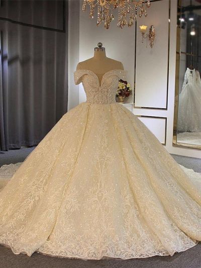 Sequins Off The Shoulder Wedding Dress with Lace Pleated Ball Gown