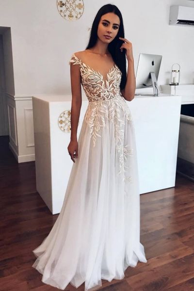 A-line Jewel Neck Sleeveless Floor-length Lace Bridal Attire With Lace