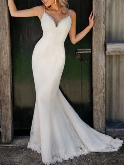 Mermaid V-neck Sleeveless Sweep / Brush Train Tulle Bridal Dress With Lace