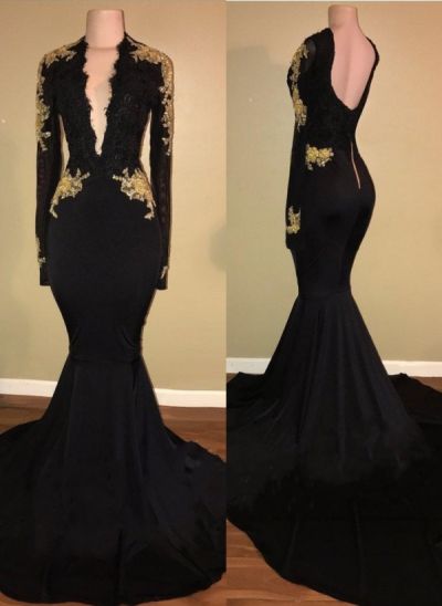 Mermaid Plunging Neckline Long Sleeves Court Train Formal Dress With Appliques