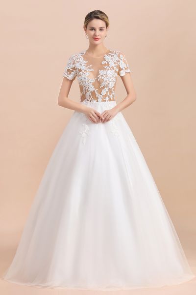 A-line Jewel Neck Short Sleeves Floor-length Satin Wedding Dress With Pearls