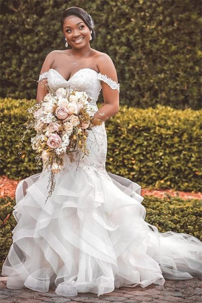 Mermaid Off-the-shoulder Sleeveless Sweep / Brush Train Tulle Wedding Dress With Appliques