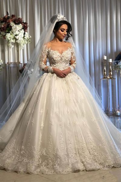 Ball Gown Jewel Neck Long Sleeves Sweep / Brush Train Lace Bridal Gown With Appliques