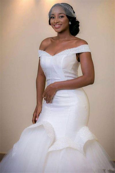 Mermaid Off-the-shoulder Sweep / Brush Train Tulle Bridal Gown With Beading