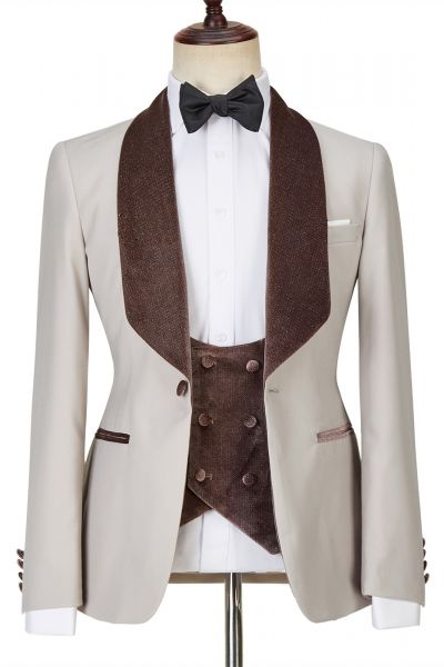 Light Champagne Shawl Lapel Shiny Slim Fit Three Pieces Men Suit