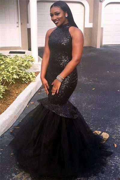 Mermaid High Neck Sleeveless Sweep / Brush Train Tulle Evening Dress With Sequins