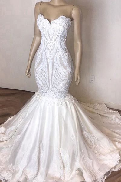 Mermaid Strapless Sweetheart Neck Sleeveless Chapel Train Tulle Bridal Gown With Lace