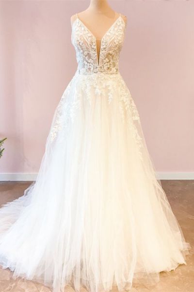 A-line Plunging Neckline Sleeveless Sweep / Brush Train Tulle Wedding Gown With Appliques
