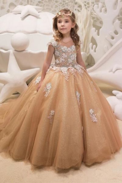 Jewel Neck Cap Sleeves Flower Girl Dress With Lace