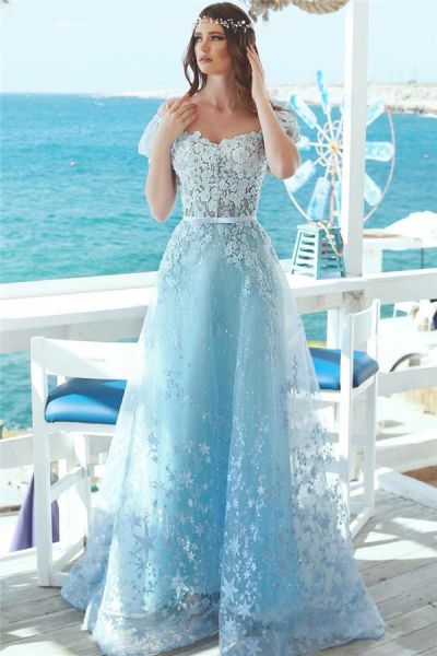 A-line Off-the-shoulder Sleeveless Sweep / Brush Train Tulle Formal Dress With Appliques
