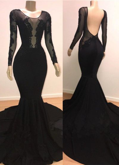 Mermaid Scoop Neck Long Sleeves Sweep / Brush Train Formal Dress With Appliques