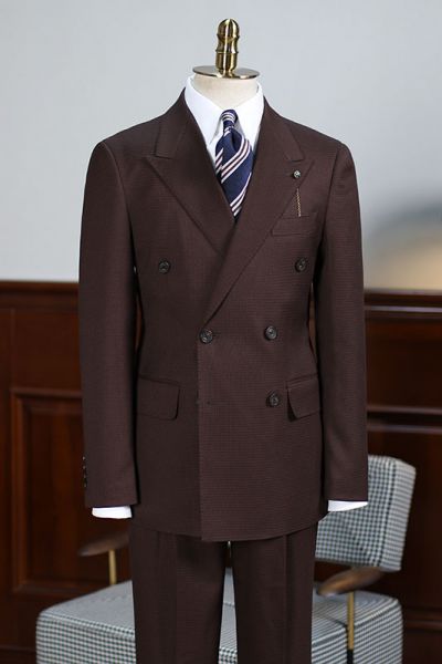 Coffee Peaked Lapel Double Breasted Business Suit