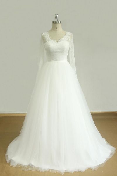 A-line V-neck Long Sleeves Court Train Tulle Wedding Gown With Ribbons