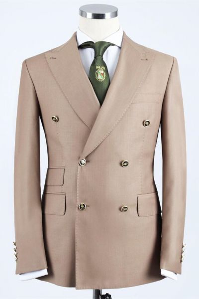 Khaki Double Breasted Peaked Lapel Business Men Suit