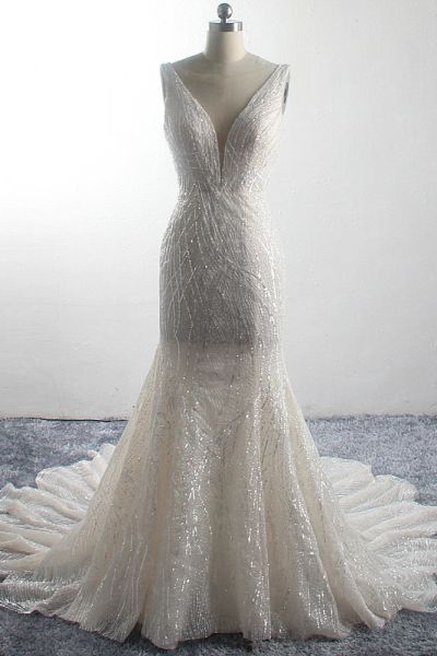 Mermaid Plunging Neckline Sleeveless Floor-length Tulle Bridal Dress With Sequins