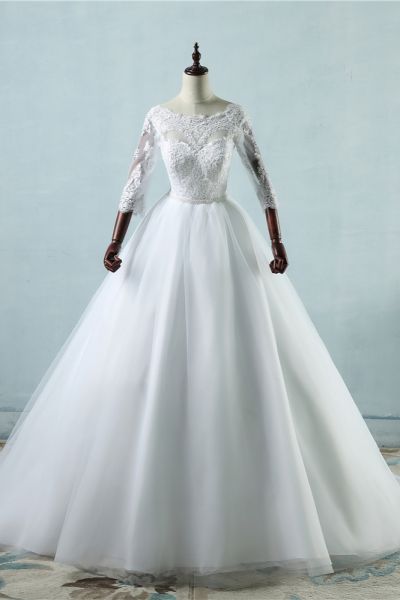 A-line 3/4-Length Sleeves Floor-length Tulle Bridal Dress With Appliques