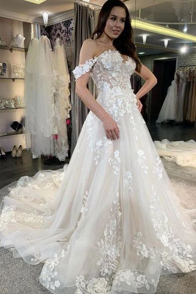 A-line Off-the-shoulder Sleeveless Floor-length Tulle Bridal Dress With Ruffles