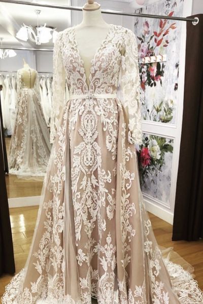 Column V-neck Long Sleeves Detachable Train Lace Wedding Gown With Lace