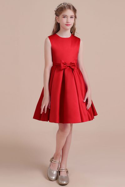 A-line Jewel Neck Sleeveless Knee-length Satin Flower Girl Dress With Bow
