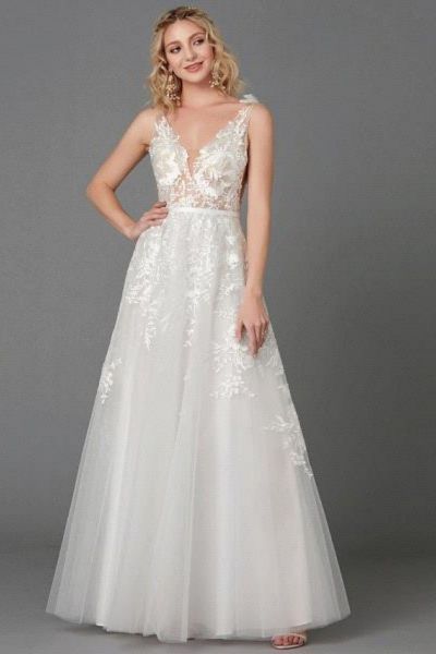 A-line Plunging Neckline Sleeveless Floor-length Tulle Bridal Dress With Lace