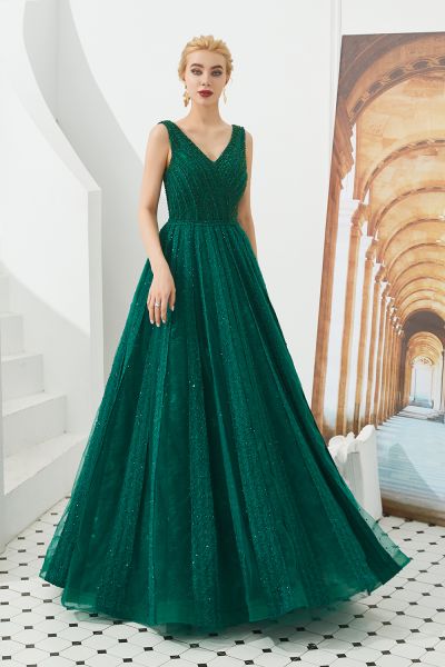 V-neck Sleeveless Sweep / Brush Train Tulle Evening Dress With Rhinestone