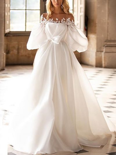 A-line Half-Sleeves Tulle Bridal Gown With Sweep / Brush Train